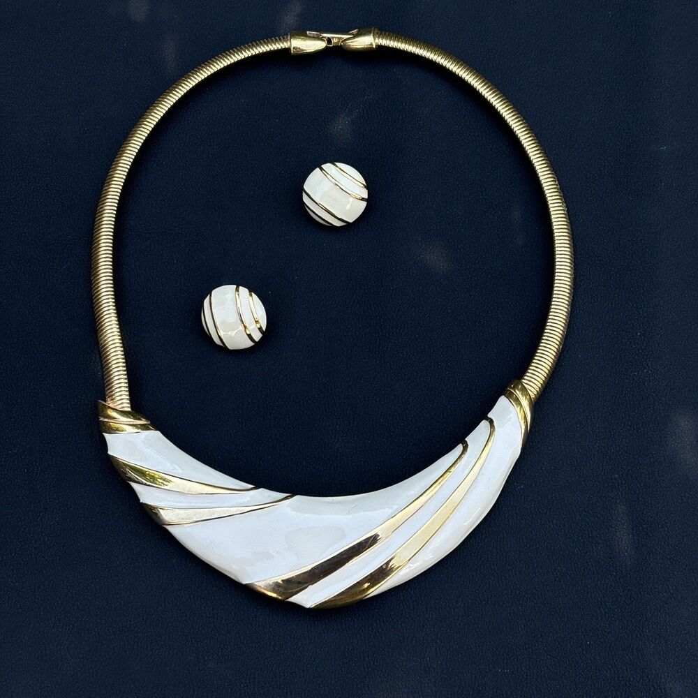 Vintage Napier Gold w Ivory Enamel Plate on Omega Chain Collar Necklace Earrings